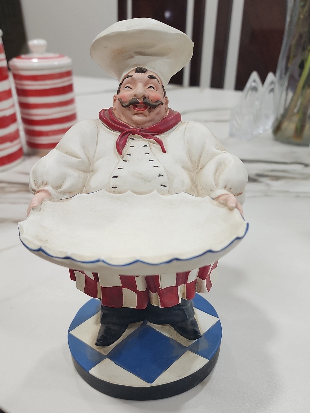 Chef Figurine Dish Holder in White, Red & Blue